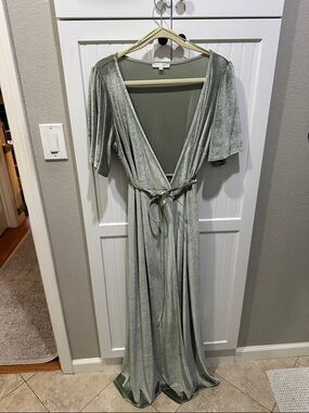 Shimmery Velvet Light Sage Green Wrap Maxi Dress